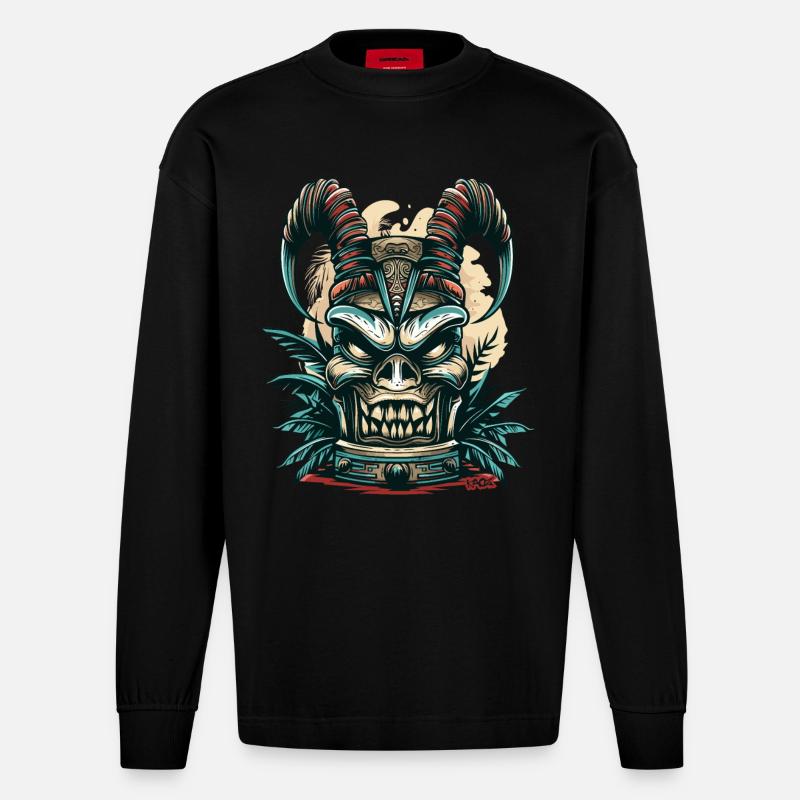 Hawaii Devil's Tiki - Heavyweight Oversized Organic Longsleeve Shirt Made in EU - SOLID BLACK