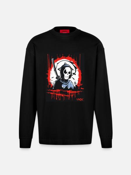 Grim Reaper Skull Samurai - Heavyweight Oversized Organic Longsleeve Shirt Made in EU - SOLID BLACK
