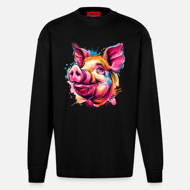 Buntes Farbspritzer Schwein - Heavyweight Oversized Organic Langarmshirt Made in EU - SOLID BLACK