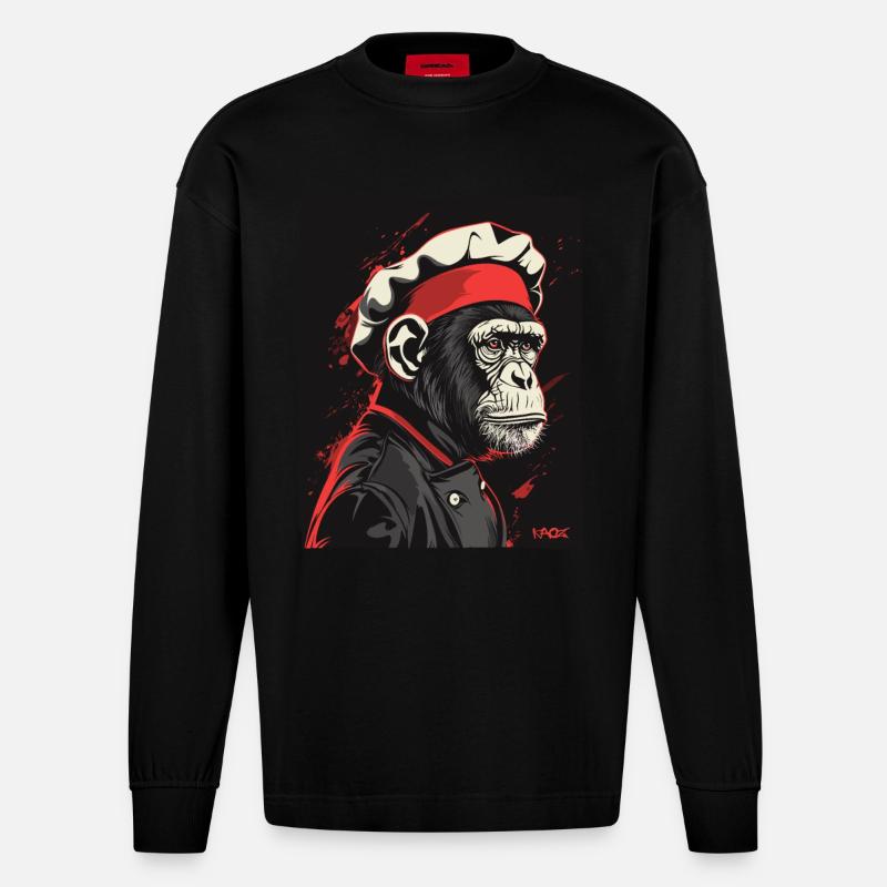Affe-Küchenchef und Affen-Koch - Heavyweight Oversized Organic Langarmshirt Made in EU - SOLID BLACK