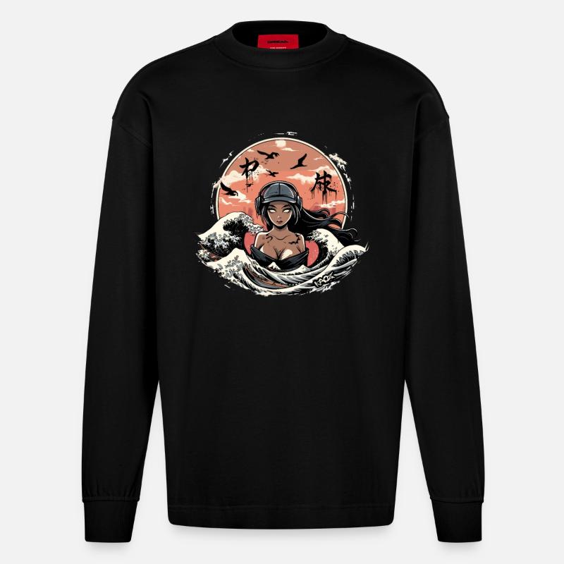 Mädchen in den Wellen - Heavyweight Oversized Organic Langarmshirt Made in EU - SOLID BLACK