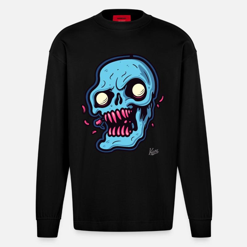 abstrakter blauer Totenkopf - Heavyweight Oversized Organic Langarmshirt Made in EU - SOLID BLACK