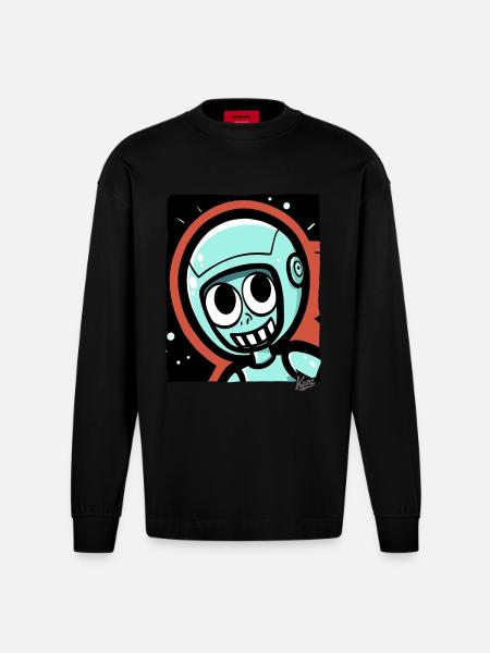 Funny Astronaut Explorer Cartoon - Heavyweight Oversized Organic Longsleeve Shirt Made in EU - SOLID BLACK