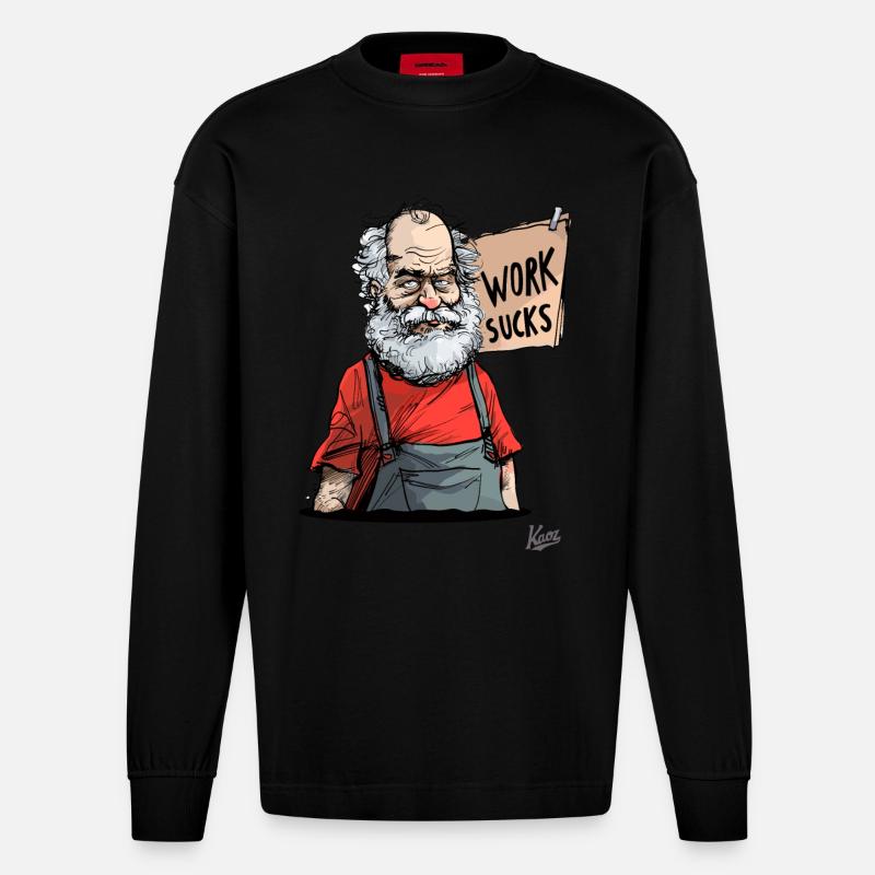Old craftsman: Work sucks! - Heavyweight Oversized Organic Longsleeve Shirt Made in EU - SOLID BLACK