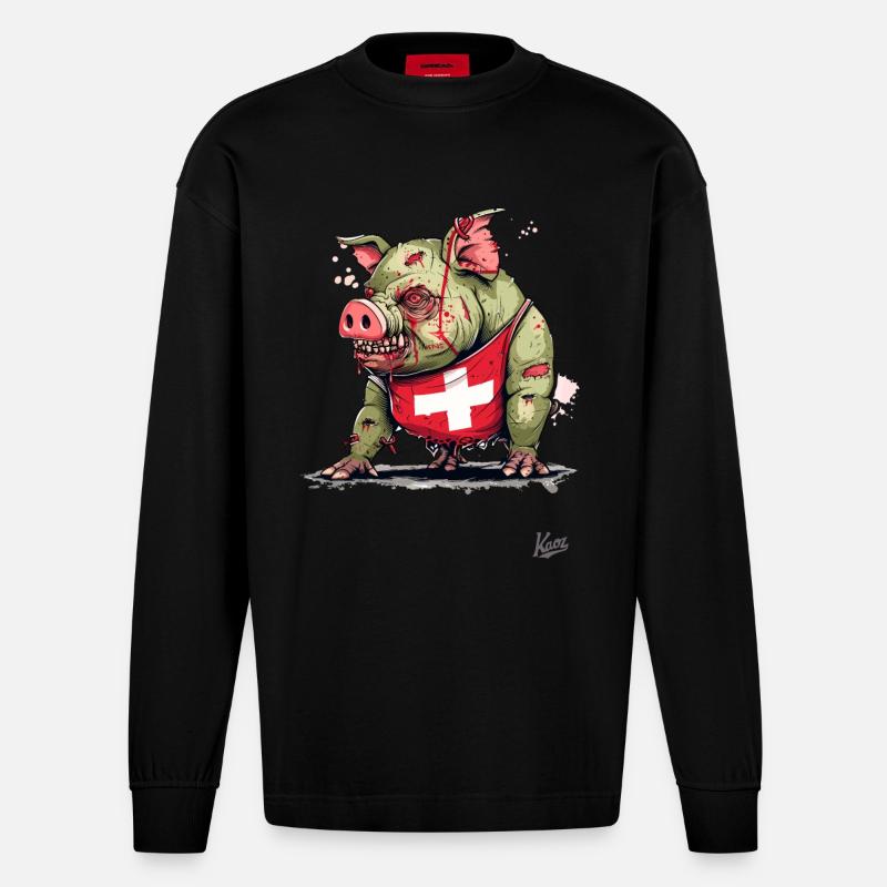 Schweizer Flagge: Zombie-Schwein - Heavyweight Oversized Organic Langarmshirt Made in EU - SOLID BLACK