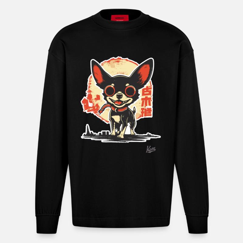 Fou heureux, mignon petit chien - Manches longues bio épais oversize fabriqué en UE - SOLID BLACK