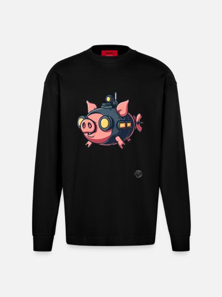 Fun Submarine Pig Adventure - Heavyweight Oversized Organic Longsleeve Shirt Made in EU - SOLID BLACK