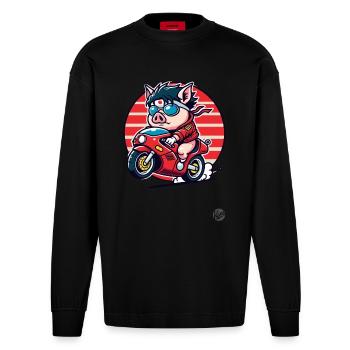 Zombie Brain Pig Motorcycle Revolution - Heavyweight Oversized Organic Longsleeve Shirt Made in EU - SOLID BLACK - Front