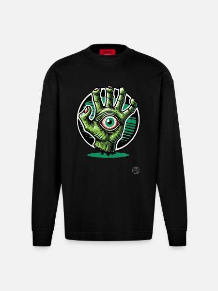 Grüne Zombie-Mutanten-Hand mit Auge - Heavyweight Oversized Organic Langarmshirt Made in EU - SOLID BLACK