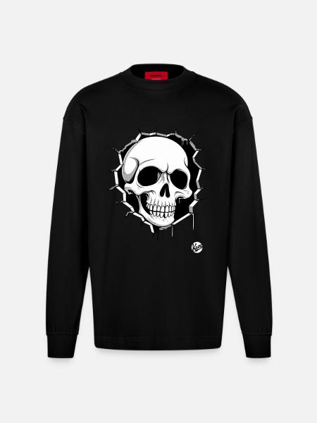 Skull breaking through the wall - Heavyweight Oversized Organic Longsleeve Shirt Made in EU - SOLID BLACK