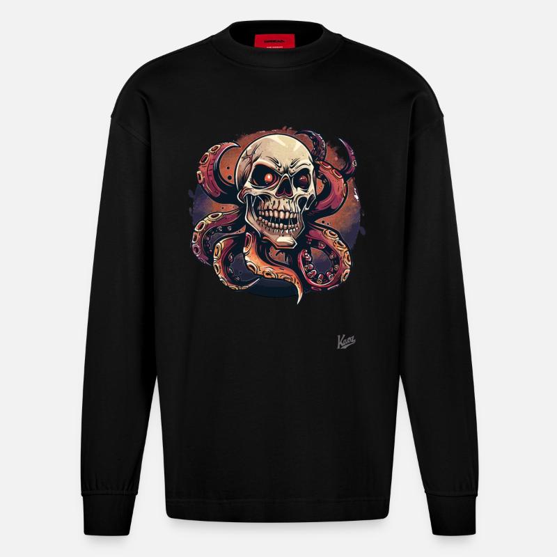 Octopus Skull Octopus - Heavyweight Oversized Organic Longsleeve Shirt Made in EU - SOLID BLACK