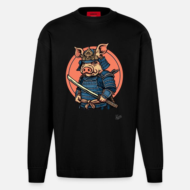 Shogun japonais Samouraï Cochon - Manches longues bio épais oversize fabriqué en UE - SOLID BLACK