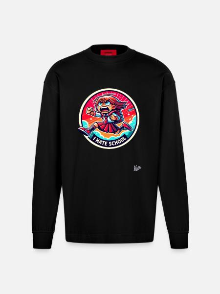 Running Schoolgirl: I Hate School - Heavyweight Oversized Organic Longsleeve Shirt Made in EU - SOLID BLACK