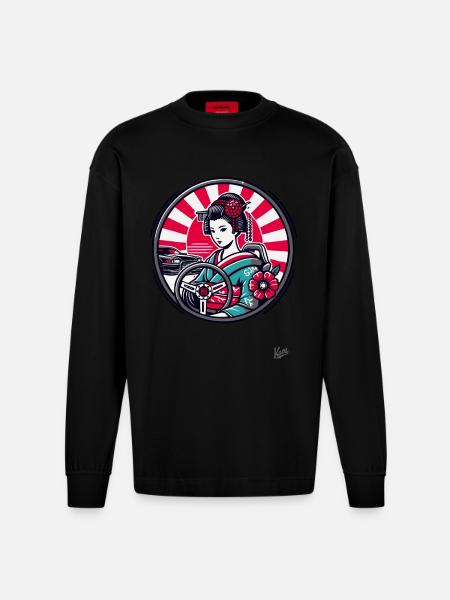 Retro-Geisha im JDM-Auto-Tuning - Heavyweight Oversized Organic Langarmshirt Made in EU - SOLID BLACK
