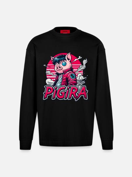 Pigira: het Japanse Cyber Punk Hero Pig - Heavyweight oversized organic shirt met lange mouwen made in EU - SOLID BLACK
