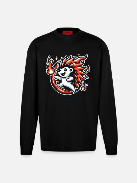 Cheerful hot hedgehog with fire - Heavyweight Oversized Organic Longsleeve Shirt Made in EU - SOLID BLACK