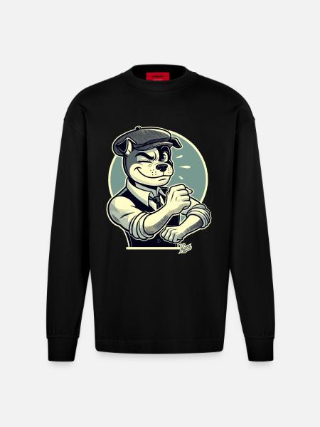 Retro Dapper Cartoon Dog 1920-luvun tyyliin - Heavyweight Oversized Organic pitkähihainen paita Made in EU - SOLID BLACK
