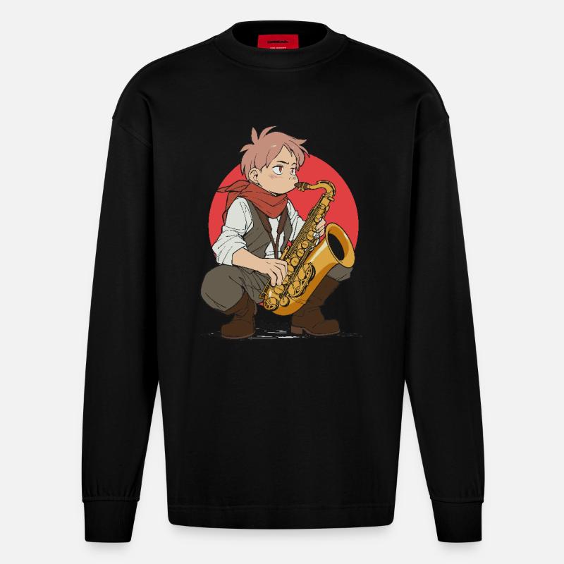 Un garçon joue du saxophone - Manches longues bio épais oversize fabriqué en UE - SOLID BLACK