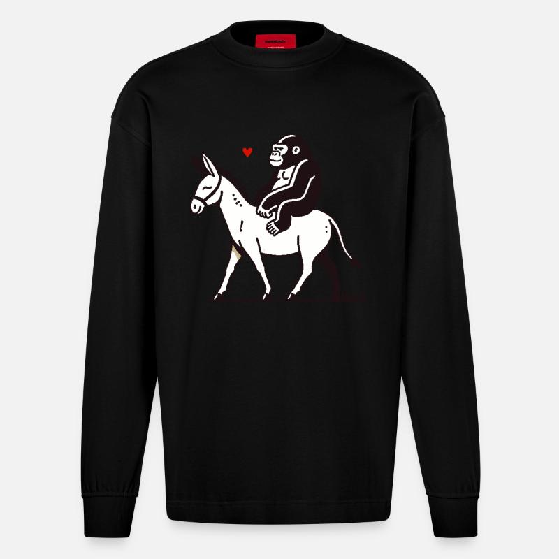 Gorille chevauchant un âne - Manches longues bio épais oversize fabriqué en UE - SOLID BLACK