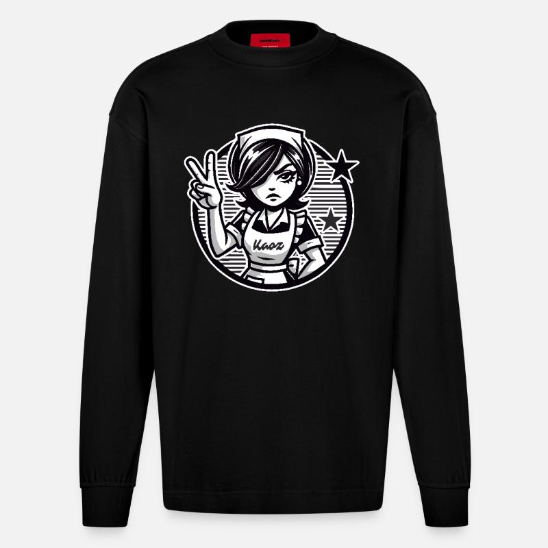 Cartoon-Mädchen mit Peace-Zeichen - Heavyweight Oversized Organic Langarmshirt Made in EU - SOLID BLACK