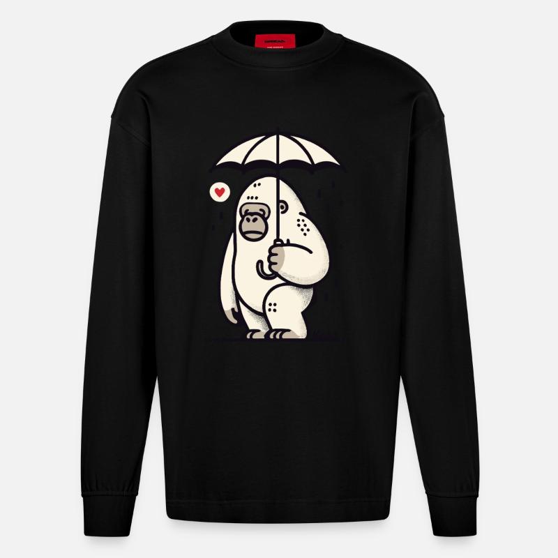 Trauriger Gorilla mit Regenschirm - Heavyweight Oversized Organic Langarmshirt Made in EU - SOLID BLACK
