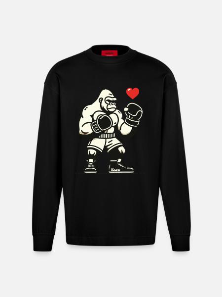Boxer gorilla with heart - Heavyweight Oversized Organic Longsleeve Shirt Made in EU - SOLID BLACK