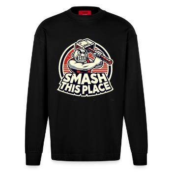 Smash This Place – Angry Hammerman - Heavyweight Oversized Organic Longsleeve Shirt Made in EU - SOLID BLACK - Front