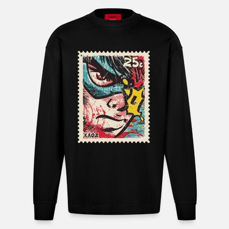 Comic-Held als Retro-Briefmarke - Heavyweight Oversized Organic Langarmshirt Made in EU - SOLID BLACK
