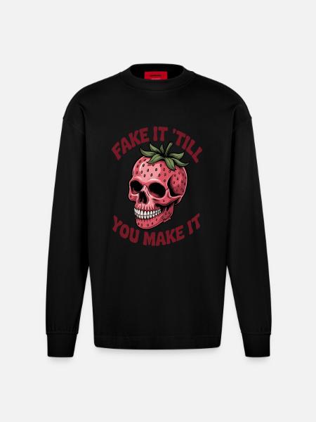 Strawberry skull with cheeky saying - Heavyweight Oversized Organic Longsleeve Shirt Made in EU - SOLID BLACK
