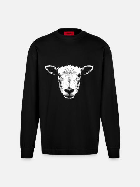 Sheep / Lamb / Head - Heavyweight Oversized Organic Longsleeve Shirt Made in EU - SOLID BLACK