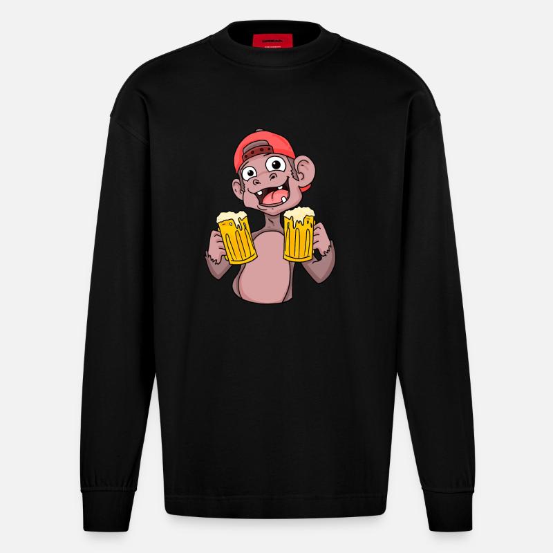 Affe mit Biergläser - Heavyweight Oversized Organic Langarmshirt Made in EU - SOLID BLACK