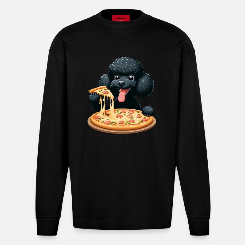 Comic Pudel mit Pizza - Heavyweight Oversized Organic Langarmshirt Made in EU - SOLID BLACK