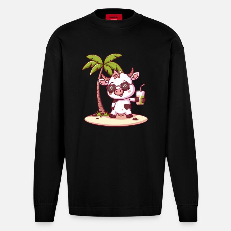 Kuh Sommer Strand Comic - Heavyweight Oversized Organic Langarmshirt Made in EU - SOLID BLACK