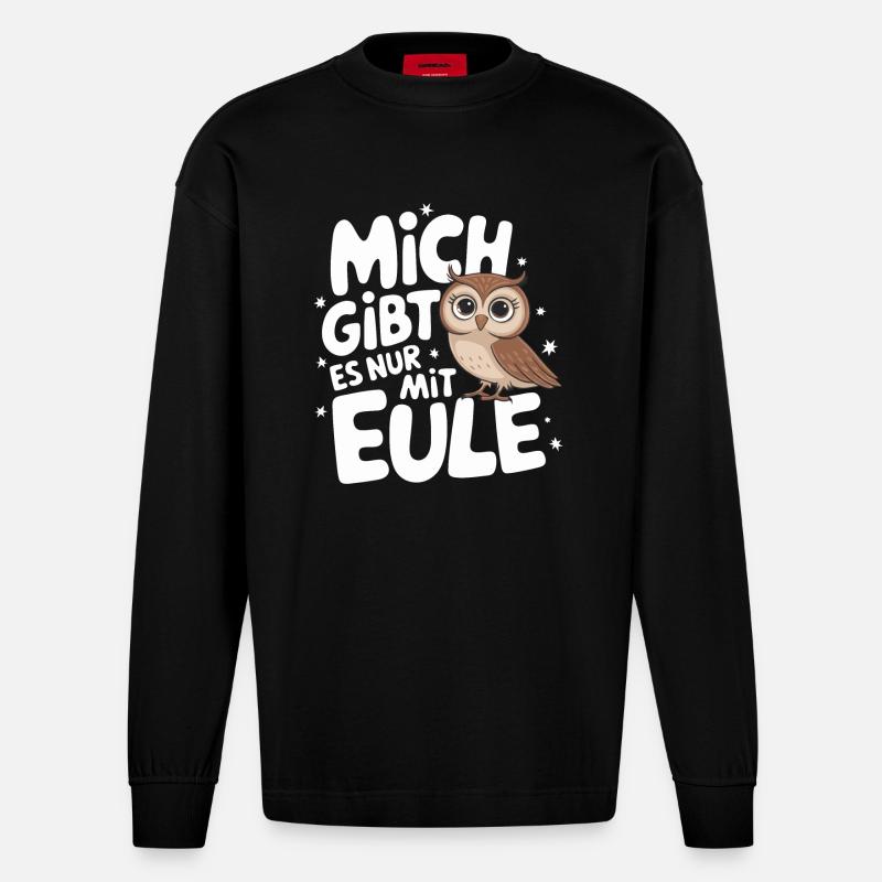 Nachteule Eule Eulen Vogel - Heavyweight Oversized Organic Langarmshirt Made in EU - SOLID BLACK