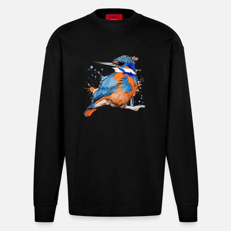 Eisvogel,Zeichnung,bunt,vogel,Graffiti,sketch - Heavyweight Oversized Organic Langarmshirt Made in EU - SOLID BLACK