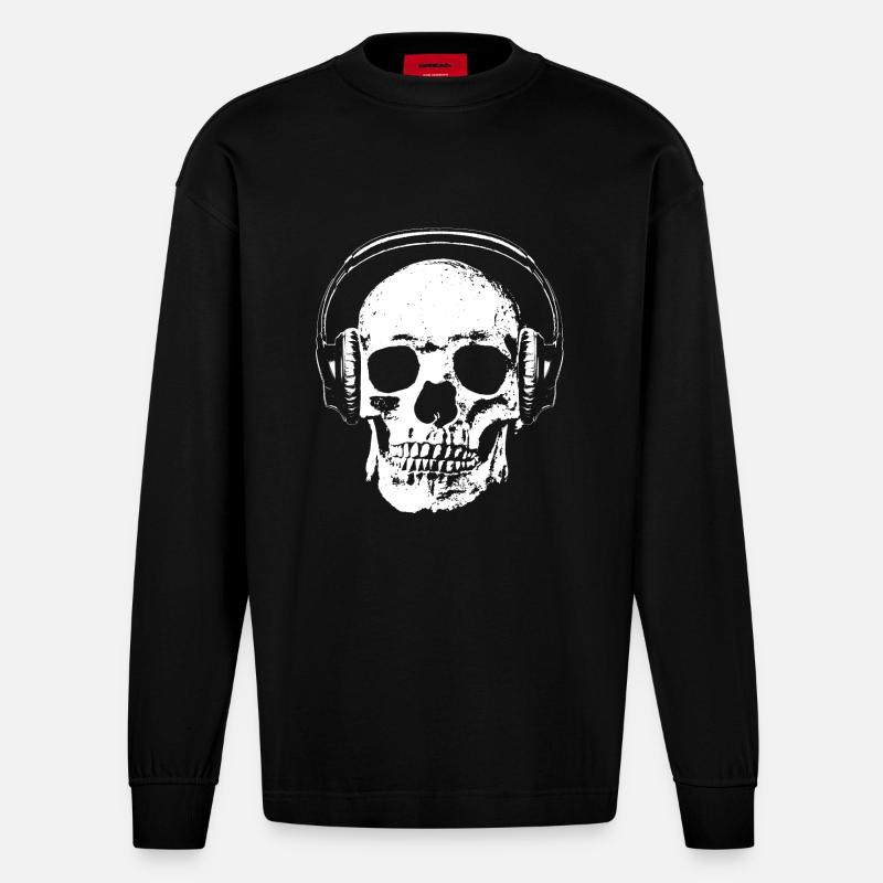 Totenkopf mit Kopfhörer - Heavyweight Oversized Organic Langarmshirt Made in EU - SOLID BLACK