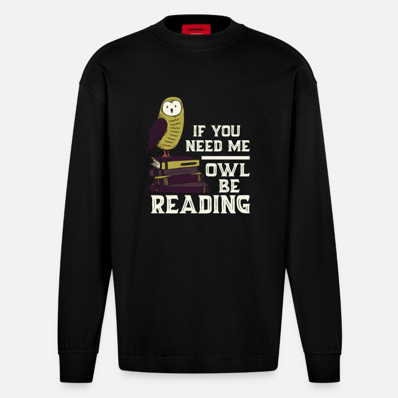 Eule Lesen Bücher Lustiger Spruch - Heavyweight Oversized Organic Langarmshirt Made in EU - SOLID BLACK