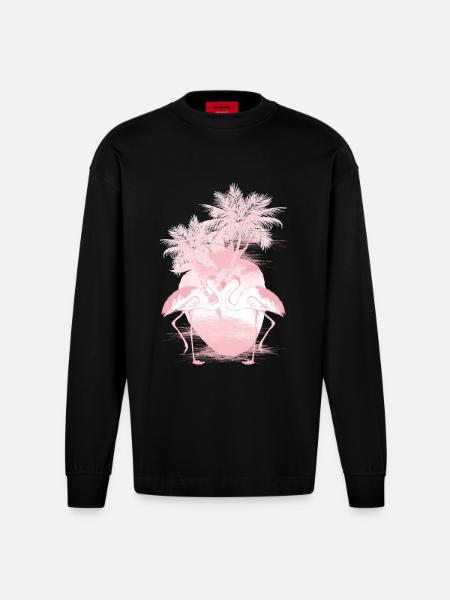 Palm Flamingos Summer Pink - Heavyweight Oversized Organic Longsleeve Shirt Made in EU - SOLID BLACK