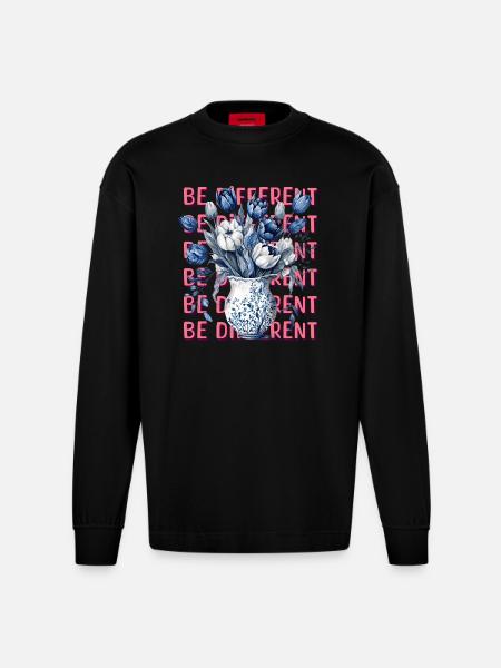 Be Different – Blue Tulips & Positivity - Heavyweight Oversized Organic Longsleeve Shirt Made in EU - SOLID BLACK
