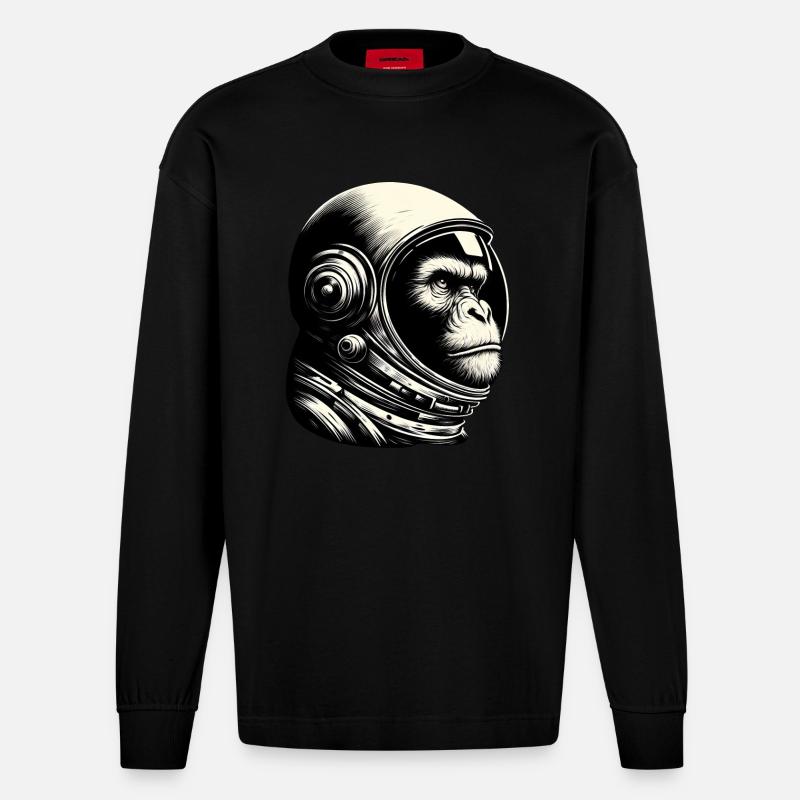 Chimpanzé, Astronaute, Réfléchi, Cosmos - Manches longues bio épais oversize fabriqué en UE - SOLID BLACK