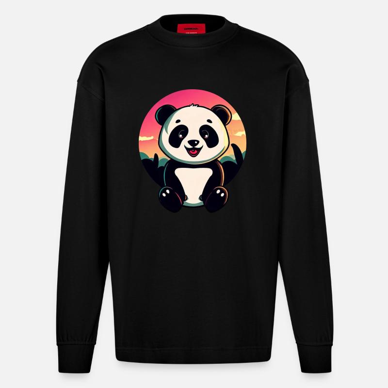 Süßer Panda Sunset Design - Heavyweight Oversized Organic Langarmshirt Made in EU - SOLID BLACK