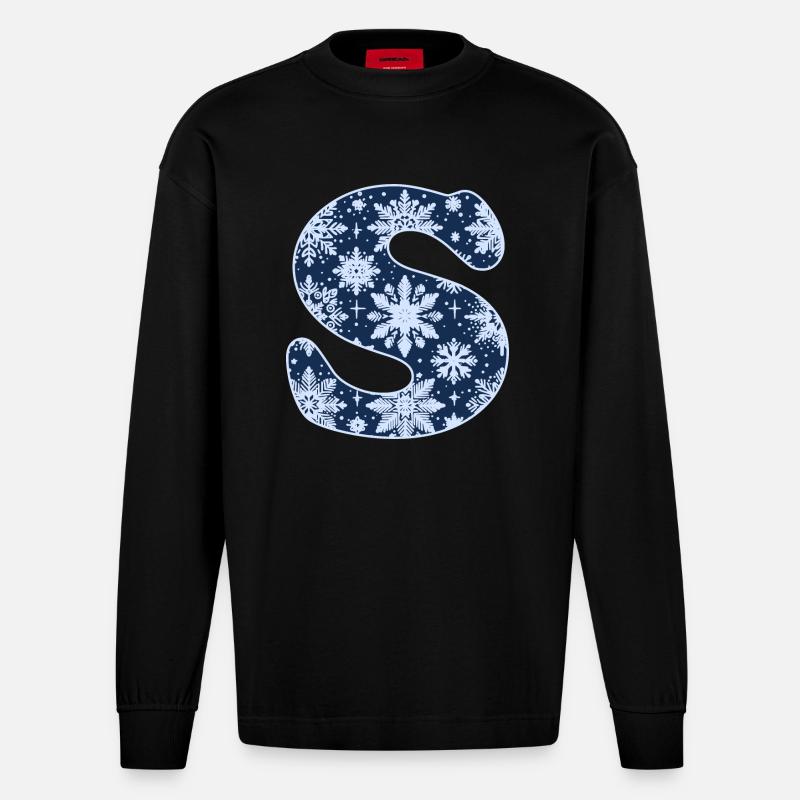 Buchstabe S Schneeflocken - Heavyweight Oversized Organic Langarmshirt Made in EU - SOLID BLACK