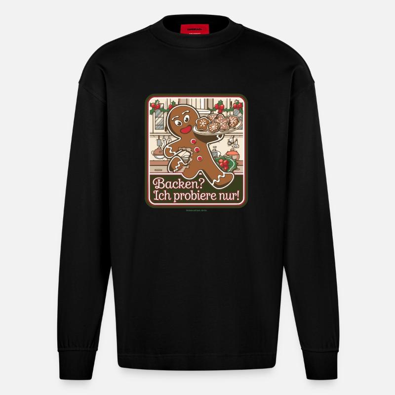 Lustiger Lebkuchenmann-Backspaß - Heavyweight Oversized Organic Langarmshirt Made in EU - SOLID BLACK