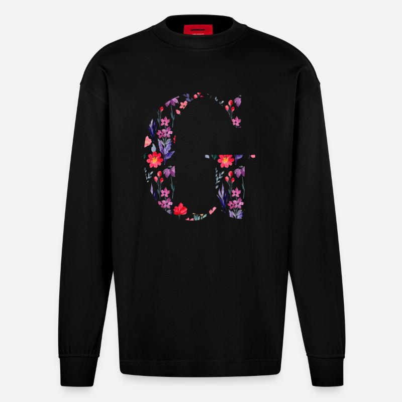 Personalisierter Blumenbuchstabe g - Geschenkidee - Heavyweight Oversized Organic Langarmshirt Made in EU - SOLID BLACK