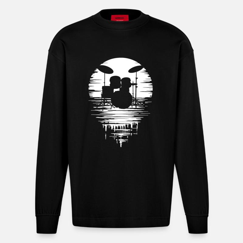 Drumset Silhouette Schlagzeug mit Spiegelung - Heavyweight Oversized Organic Langarmshirt Made in EU - SOLID BLACK