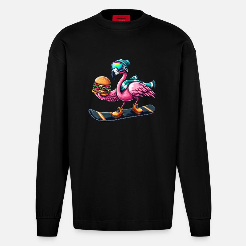 Flamingo Snowboard Hamburger Fun - Heavyweight Oversized Organic Langarmshirt Made in EU - SOLID BLACK