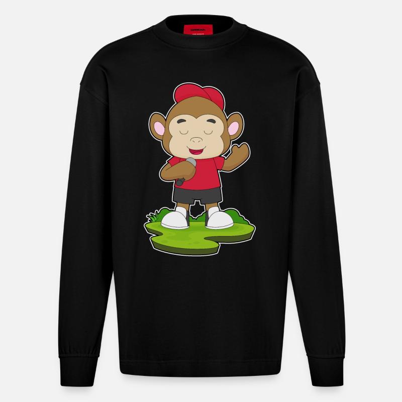 Monkey Singer Microphone - Heavyweight Oversized Organic Longsleeve Shirt Made in EU - SOLID BLACK