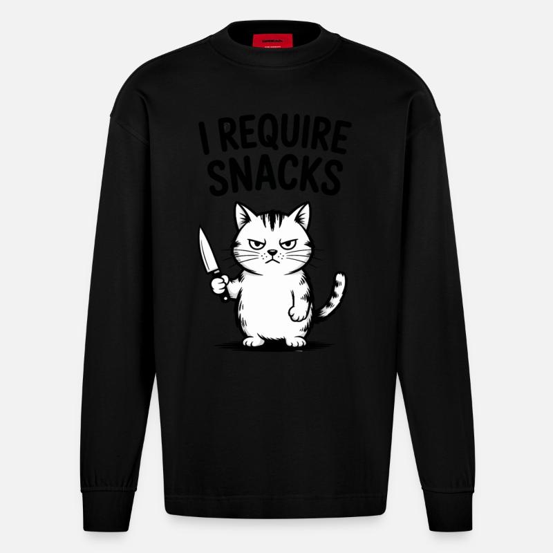 I Require Snacks Funny Cat - Heavyweight Oversized Organic Longsleeve Shirt Made in EU - SOLID BLACK