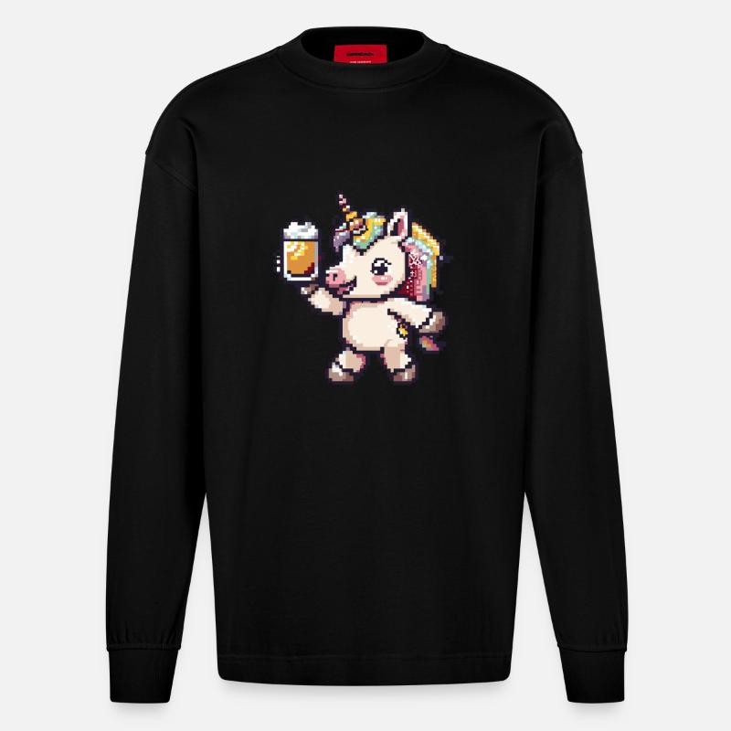 Einhorn Pixel Bier - Heavyweight Oversized Organic Langarmshirt Made in EU - SOLID BLACK