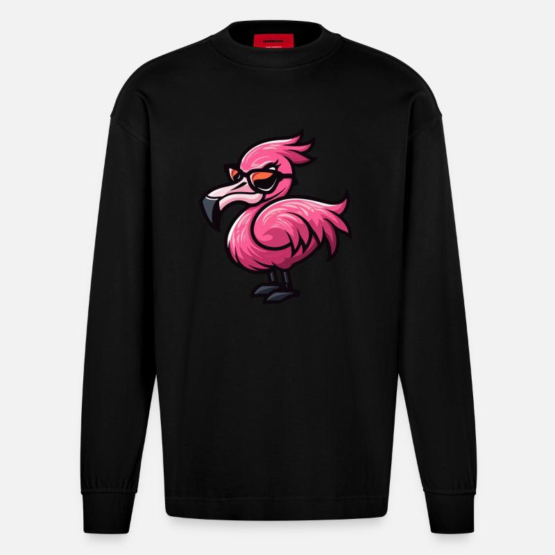 Flamingo Comic Cool - Heavyweight Oversized Organic Langarmshirt Made in EU - SOLID BLACK